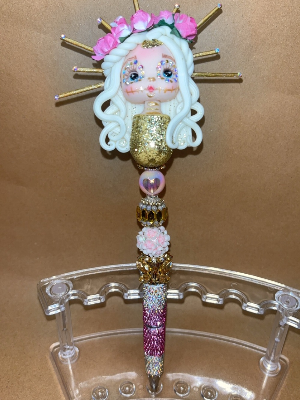 Handcrafted Pink & Gold Kids Decorative Pen - Floral Doll Top